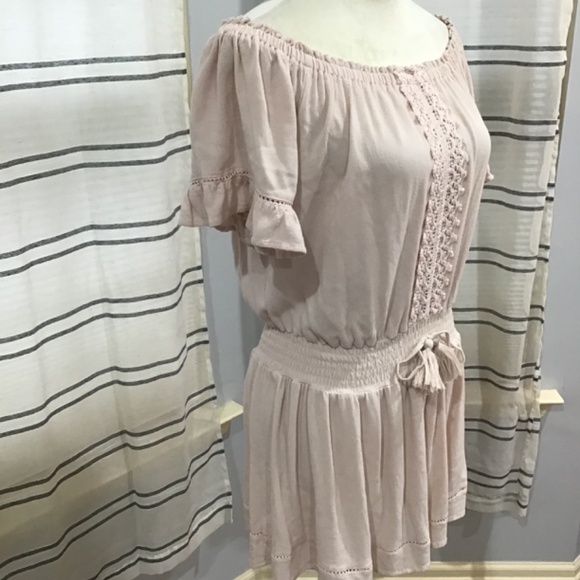 Ocean Drive Women Size Med Baby Pink Off Shoulder Eyelet Crochet Mini Dress Boho - Picture 5 of 11